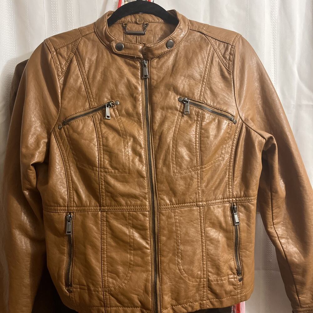 J2 Faux Leather Jacket Moto BikerCore Streetwear Light Brown Women Sz Large.